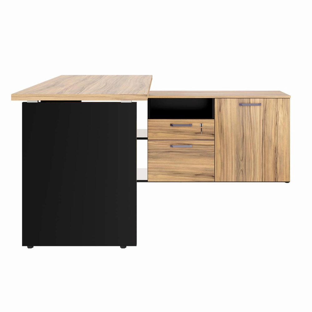 Mesa L Diretor 150cm a 170cm Armário Lateral e Gavetas F5 Cor:Calvi com Preto