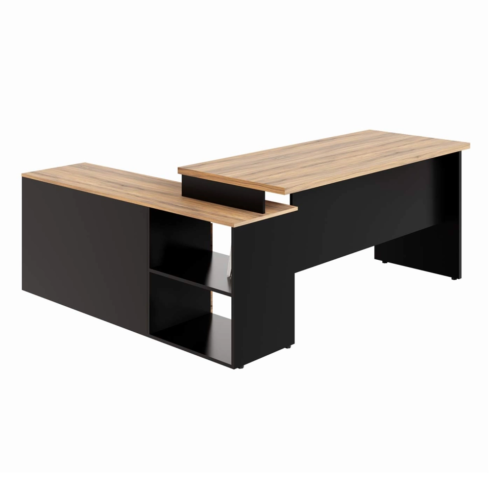 Mesa L Diretor 150cm a 170cm Armário Lateral e Gavetas F5 Cor:Calvi com Preto