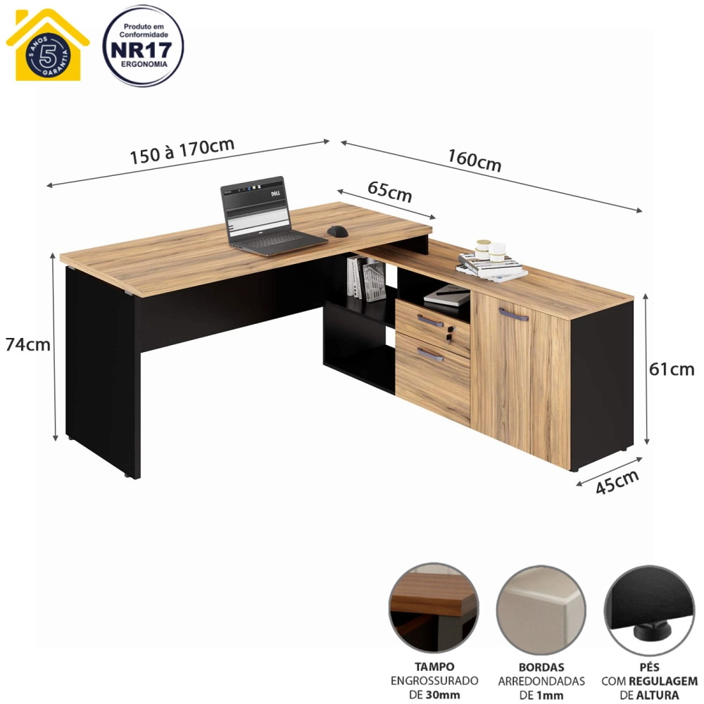 Mesa L Diretor 150cm a 170cm Armário Lateral e Gavetas F5 Cor:Calvi com Preto
