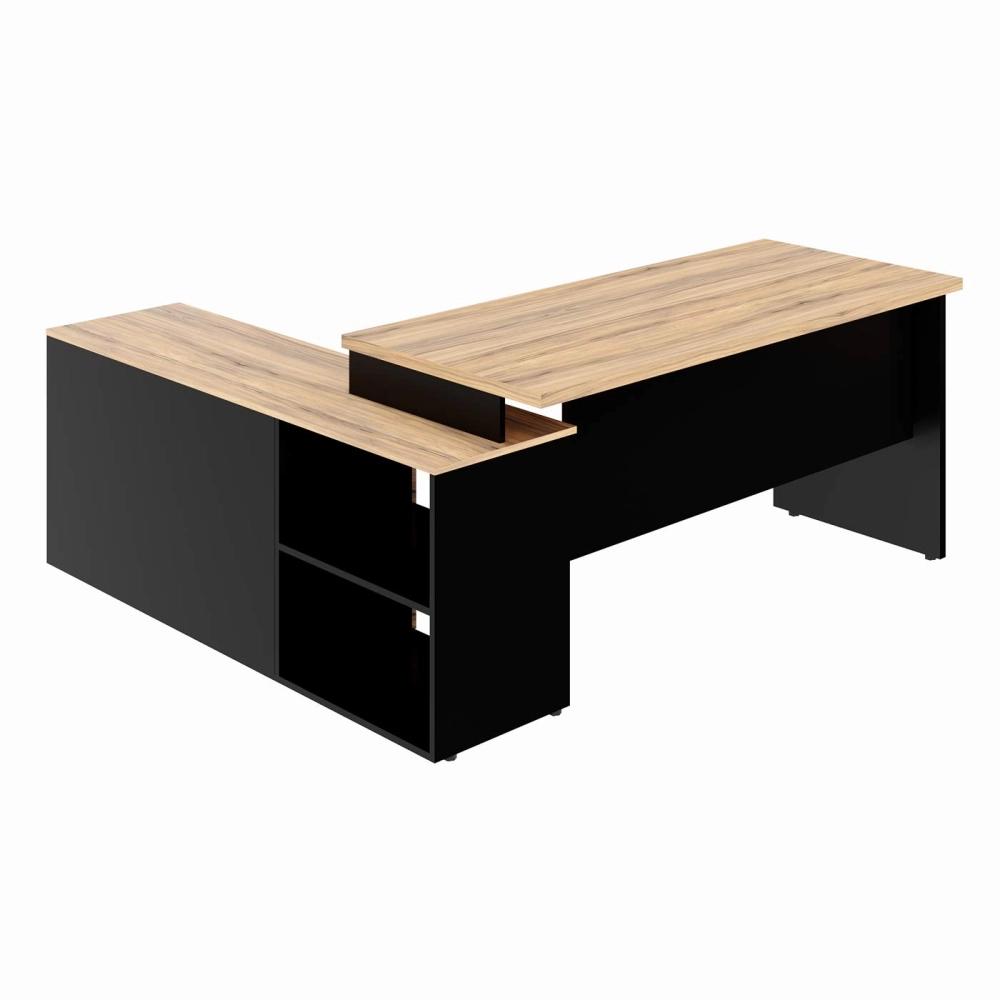 Mesa L Diretor 150cm a 170cm Armário Lateral e Gavetas F5 Cor:Calvi com Preto