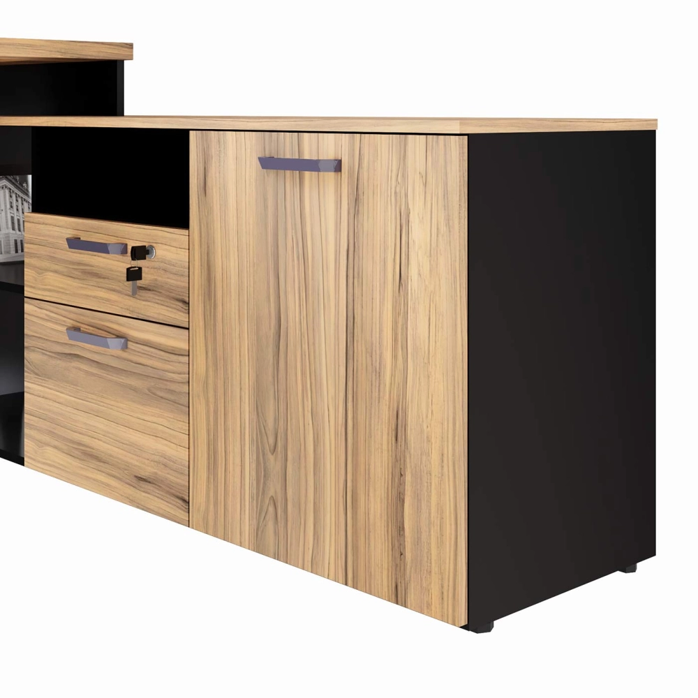 Mesa L Diretor 150cm a 170cm Armário Lateral e Gavetas F5 Cor:Calvi com Preto