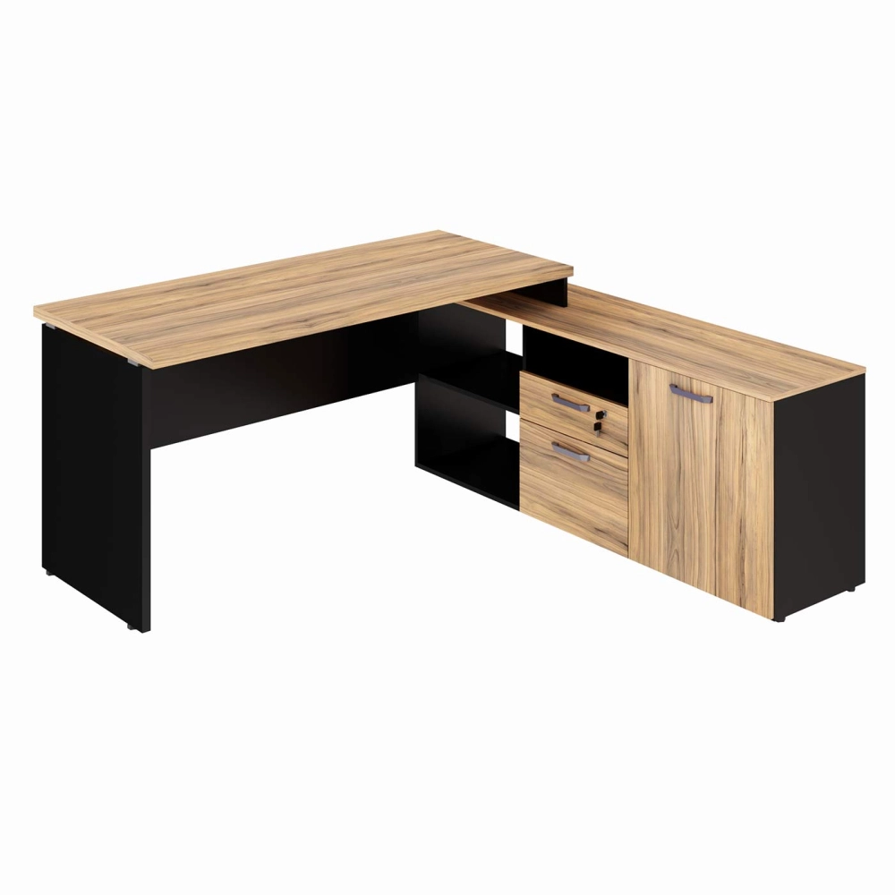 Mesa L Diretor 150cm a 170cm Armário Lateral e Gavetas F5 Cor:Calvi com Preto