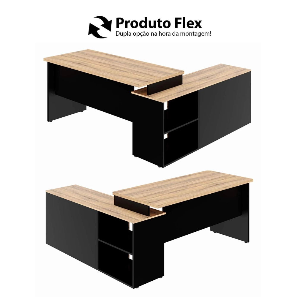 Mesa L Diretor 150cm a 170cm Armário Lateral e Gavetas F5 Cor:Calvi com Preto