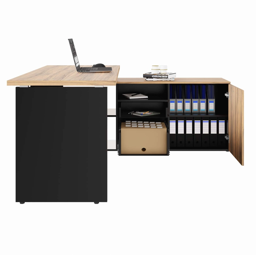 Mesa L Diretor 150cm a 170cm Armário Lateral e Gavetas F5 Cor:Calvi com Preto