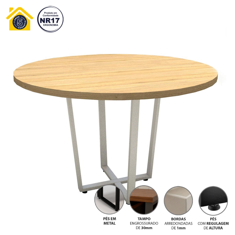 Mesa Redonda de Reunião  1,10m + 2 Estantes Metal Mac Br F5 Cor:Macadâmia com Branco