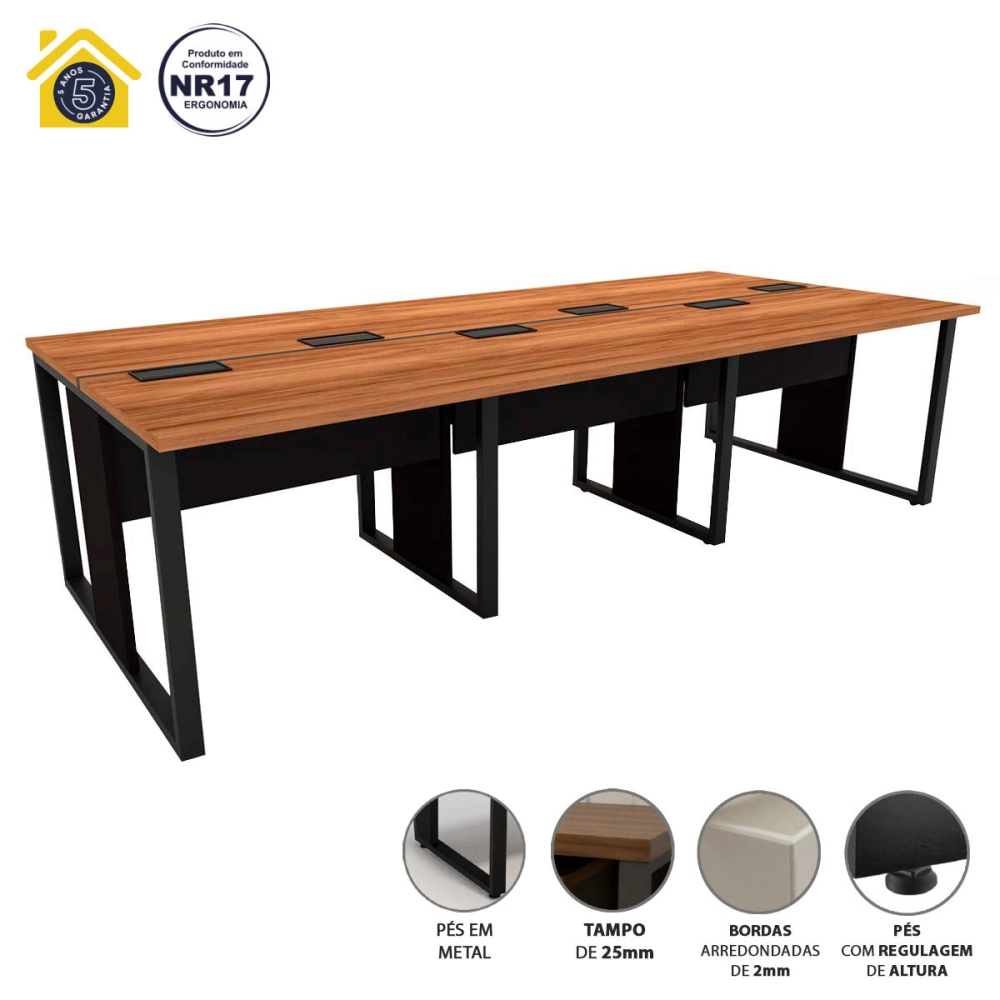 Plataforma de Trabalho 4 Lugares 2,40m  Pé Metal Nogal Pr F5 Cor:Nogal com Preto