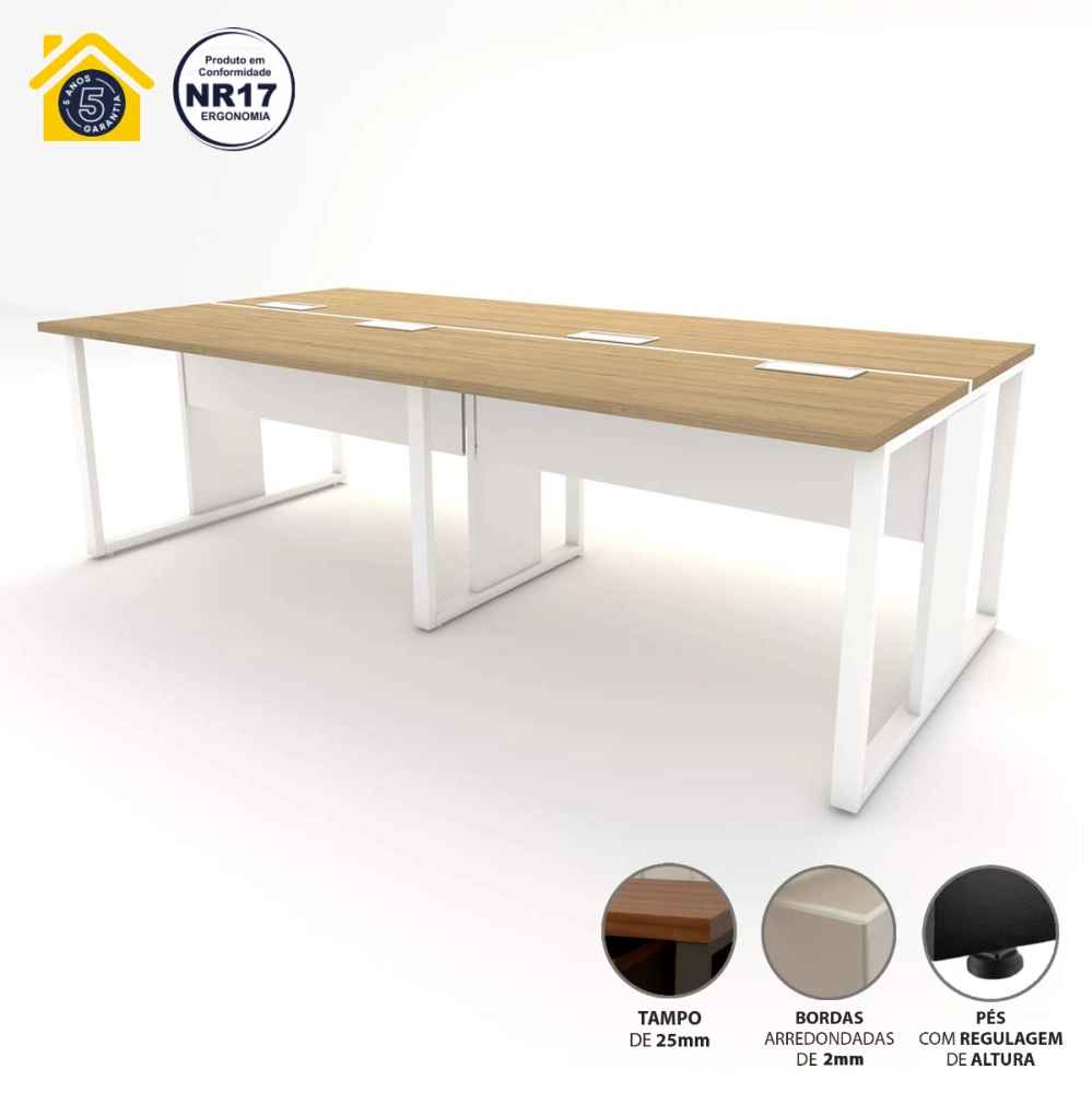 Plataforma de Trabalho 4 lugares Mac Br 2,40m Pés Metal F5 Cor:Macadamia com Branco