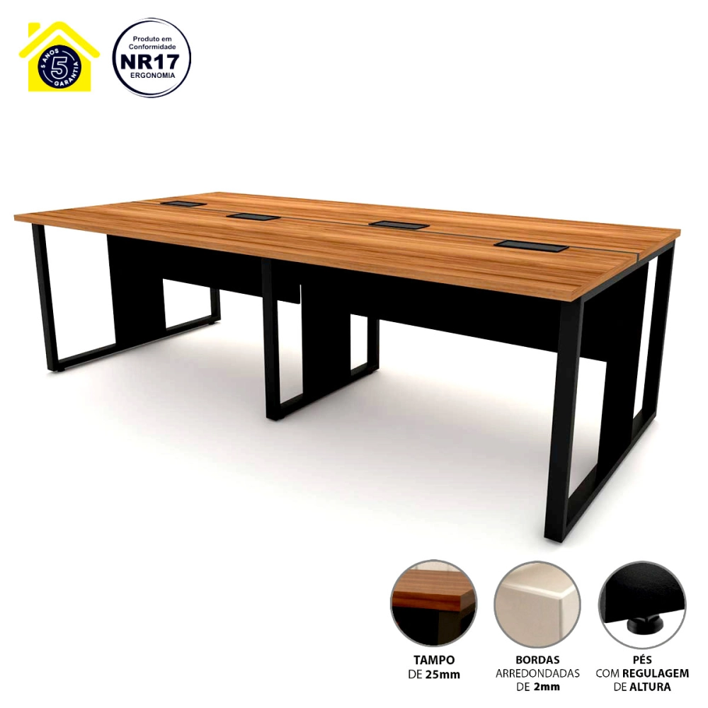 Plataforma de Trabalho 4 lugares Nog Pre 2,40m Pés Metal F5 Cor:Nogal com Preto